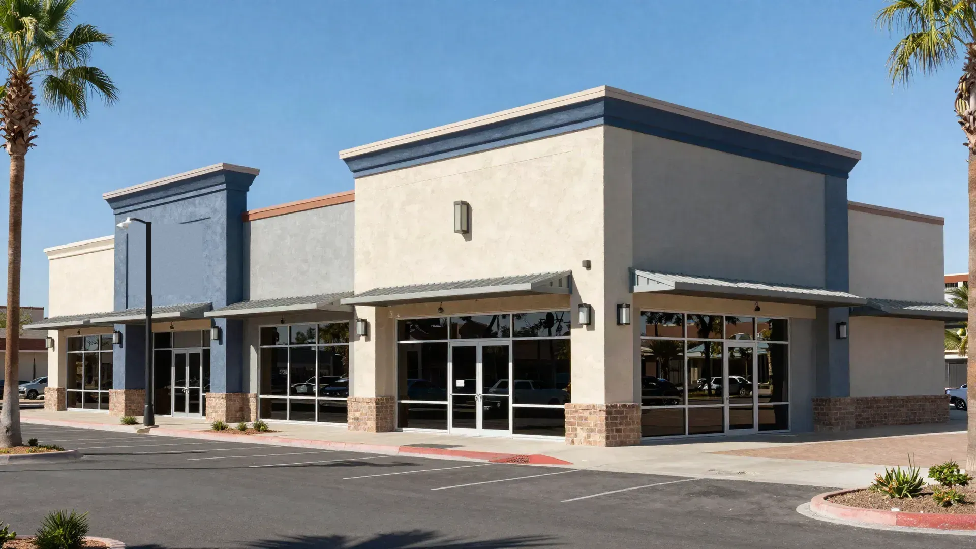Phoenix retail and office plaza repainted in sand, slate gray and navy with palm trees