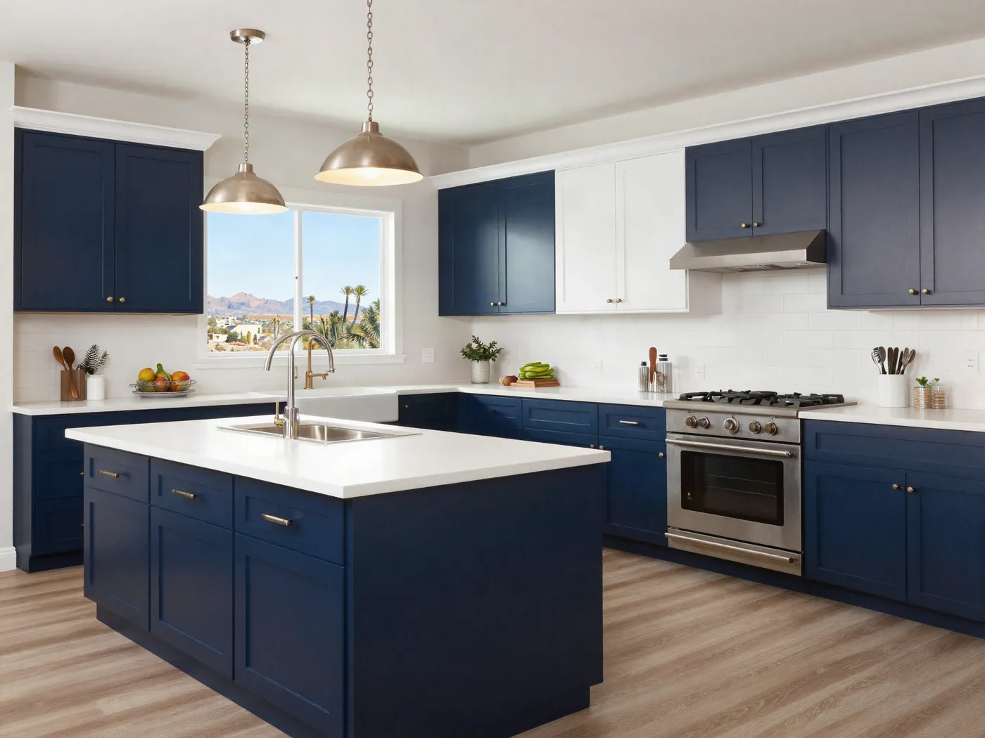 Remodeled kitchen with navy and white cabinets and a quartz island