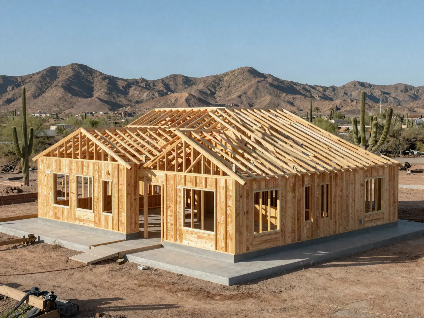New custom home framing going up in the North Phoenix desert