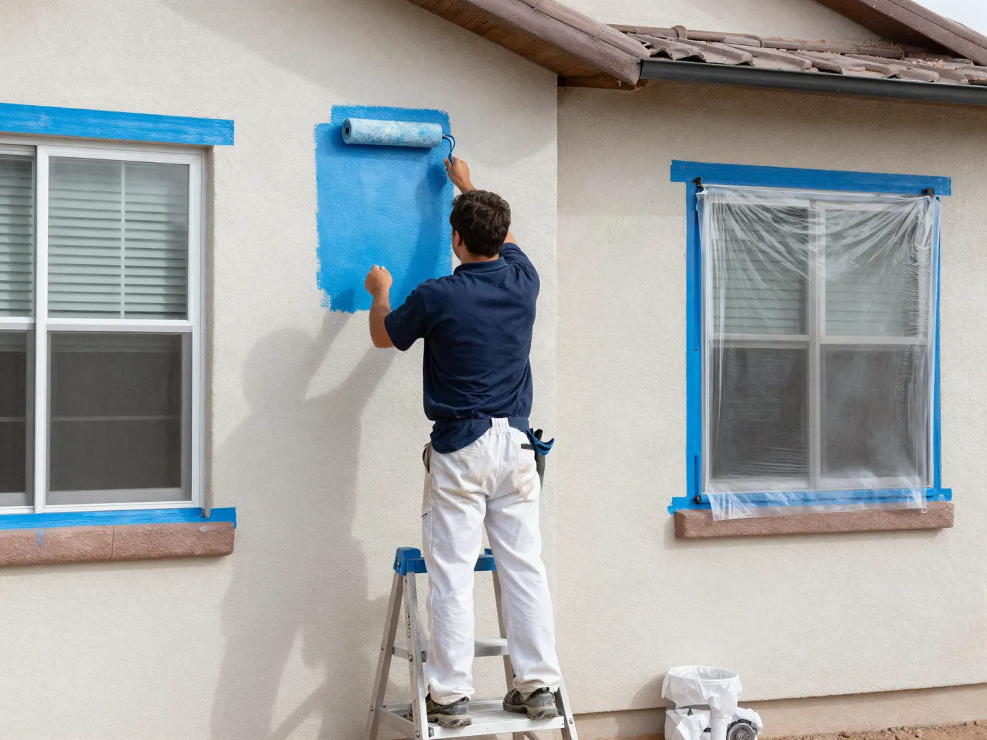 Apex painter rolling fresh coating onto a masked stucco wall of a Phoenix home
